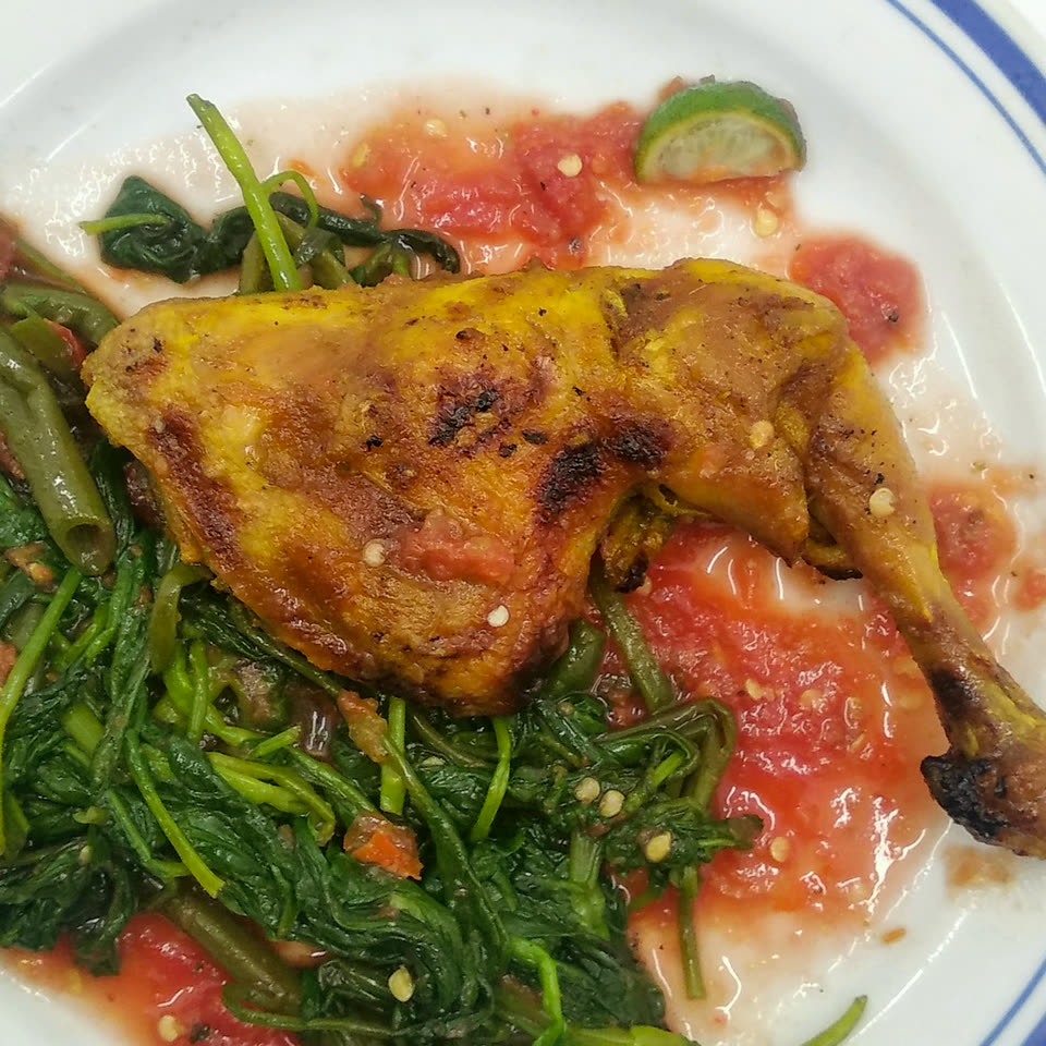 Ayam penyet on water spinach and sambal
